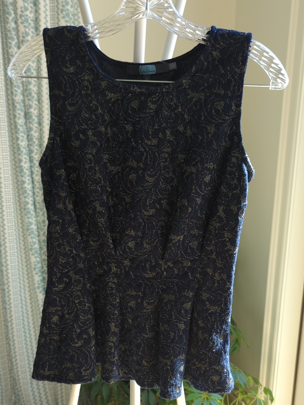 Eva Franco Navy with Silver Metallic Damask Peplum Tank